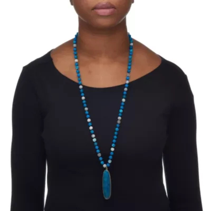 Genuine Blue Agate Cabochon Goldtone Drop Necklace, 34 inches