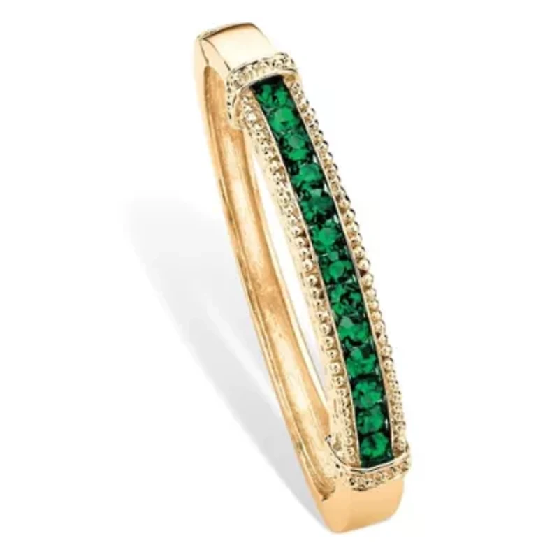 3.24 Cttw. Round Pave Simulated Emerald Goldtone Bangle Bracelet 8"