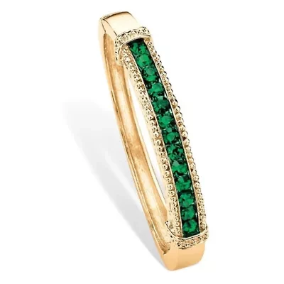 3.24 Cttw. Round Pave Simulated Emerald Goldtone Bangle Bracelet 8"