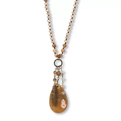 Genuine Brown Jasper Antiqued Goldtone Boho Drop Necklace, 34 inches