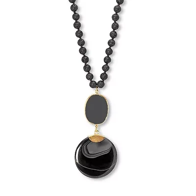Genuine Black Agate and Lava Stone Beaded Goldtone Drop Necklace 34-inch length