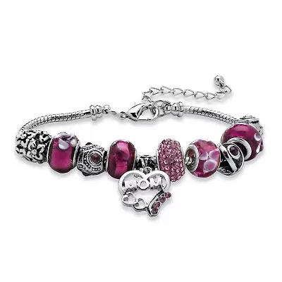 Silver Tone Round Purple Crystal Charm "Mom" Bracelet