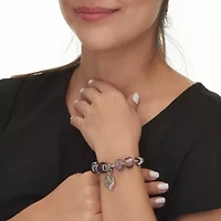 Silver Tone Round Purple Crystal Charm "Mom" Bracelet