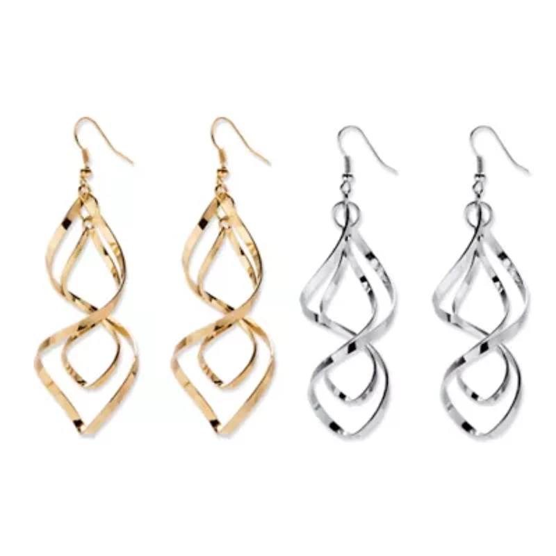2 Pair Free-Form Twist Earrings Set in Silvertone and Yellow Goldtone