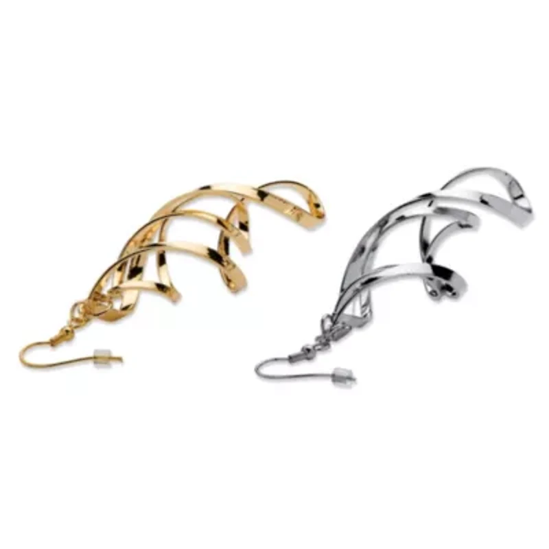 2 Pair Free-Form Twist Earrings Set in Silvertone and Yellow Goldtone