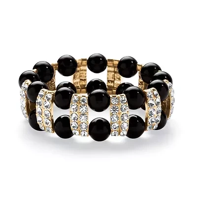 Black Beaded Bracelet with Crystal Accents in Yellow Gold Tone