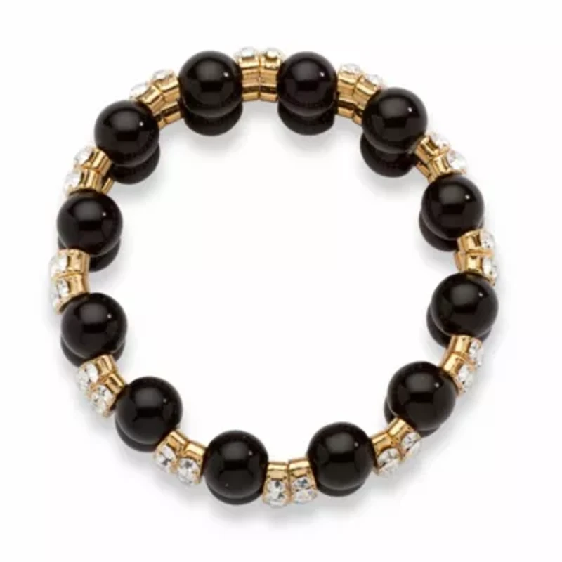 Black Beaded Bracelet with Crystal Accents in Yellow Gold Tone