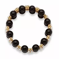 Black Beaded Bracelet with Crystal Accents in Yellow Gold Tone