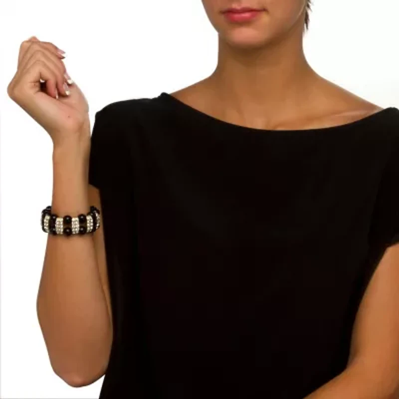 Black Beaded Bracelet with Crystal Accents in Yellow Gold Tone