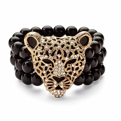 Genuine Black Onyx and Crystal Leopard Stretch Bracelet in Yellow Goldtone