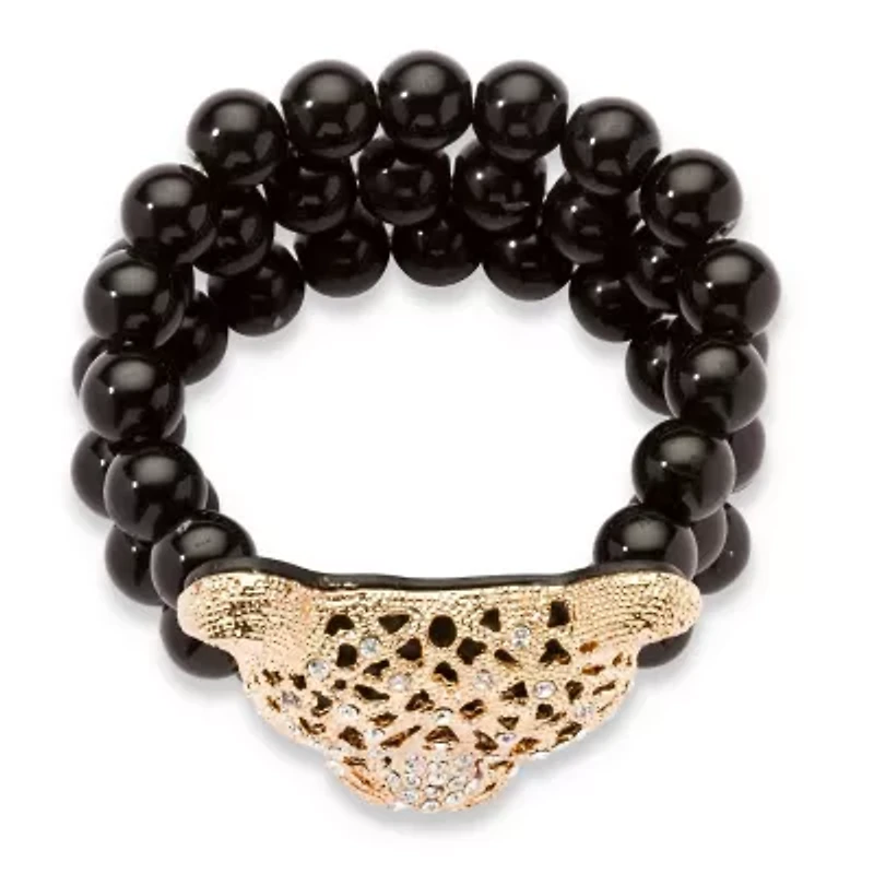Genuine Black Onyx and Crystal Leopard Stretch Bracelet in Yellow Goldtone