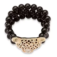 Genuine Black Onyx and Crystal Leopard Stretch Bracelet in Yellow Goldtone