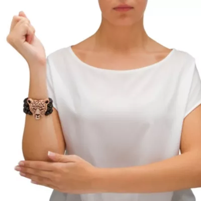 Genuine Black Onyx and Crystal Leopard Stretch Bracelet in Yellow Goldtone