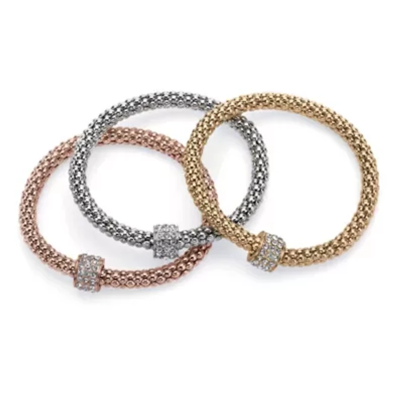 Crystal Wheel Beaded Tri-Tone Stretch Rope Bracelet Set 8"