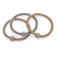 Crystal Wheel Beaded Tri-Tone Stretch Rope Bracelet Set 8"