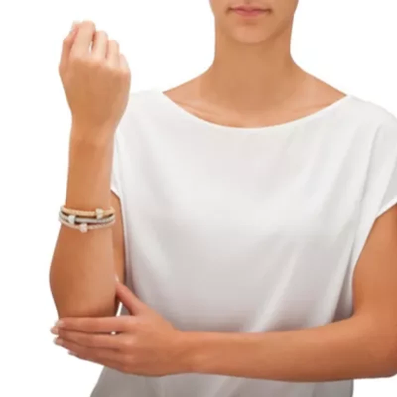 Crystal Wheel Beaded Tri-Tone Stretch Rope Bracelet Set 8"