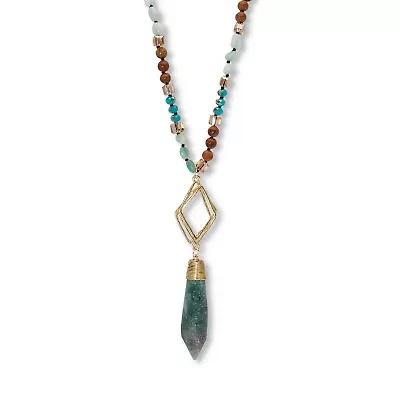Genuine Blue Agate and Brown Agate Beaded Goldtone Drop Necklace 34-inch