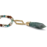 Genuine Blue Agate and Brown Agate Beaded Goldtone Drop Necklace 34-inch