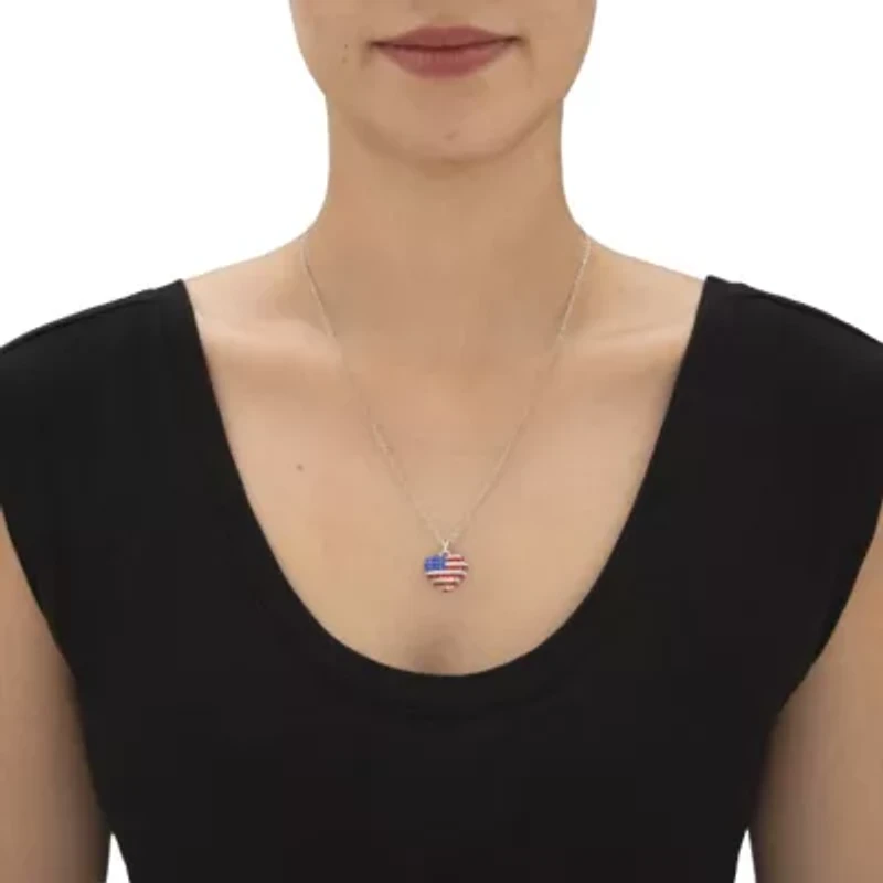 Red White and Blue Crystal Silvertone American Flag Patriotic Necklace 18"