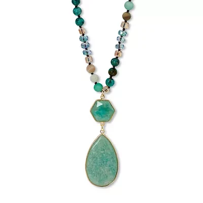 Genuine Green Aventurine Goldtone Beaded Drop Necklace 36-inch
