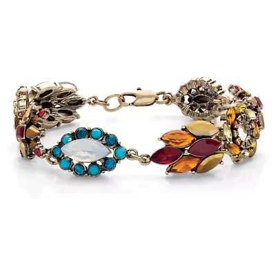Multi-Color Oval and Marquise-Cut Crystal Goldtone Floral Bracelet 8"