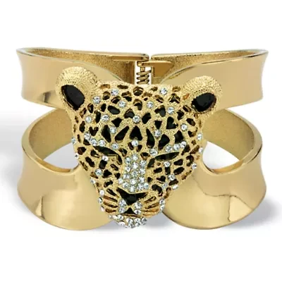 Goldtone Crystal Leopard Hinged Cuff Bangle Bracelet (50mm)
