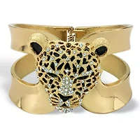 Goldtone Crystal Leopard Hinged Cuff Bangle Bracelet (50mm)