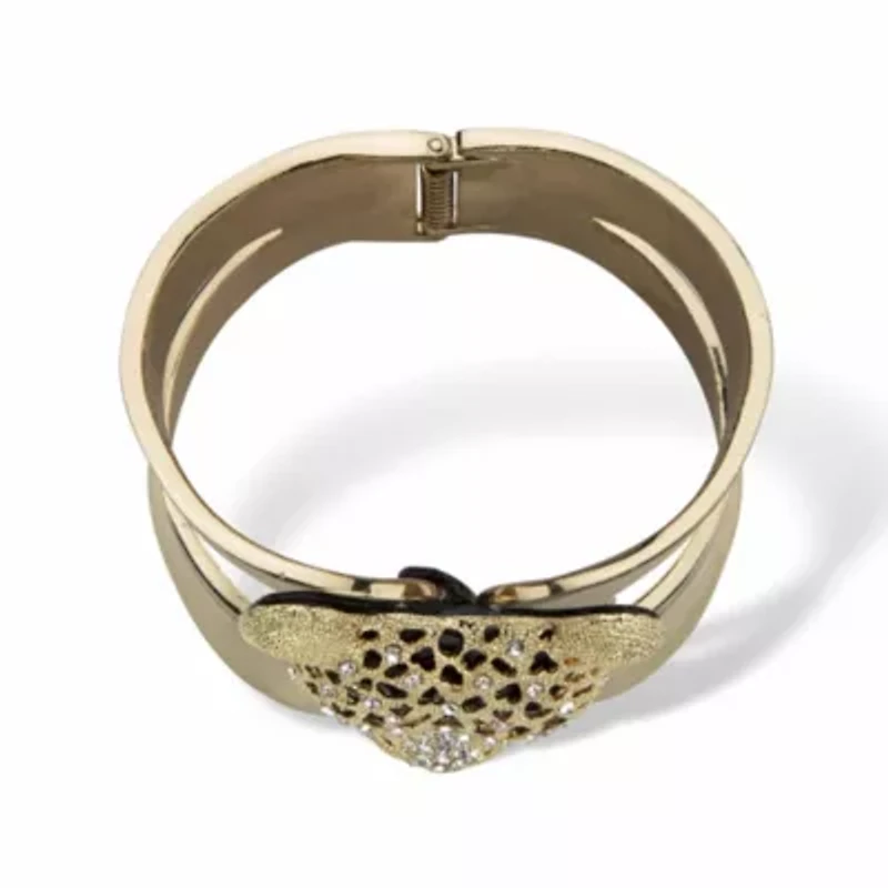 Goldtone Crystal Leopard Hinged Cuff Bangle Bracelet (50mm)