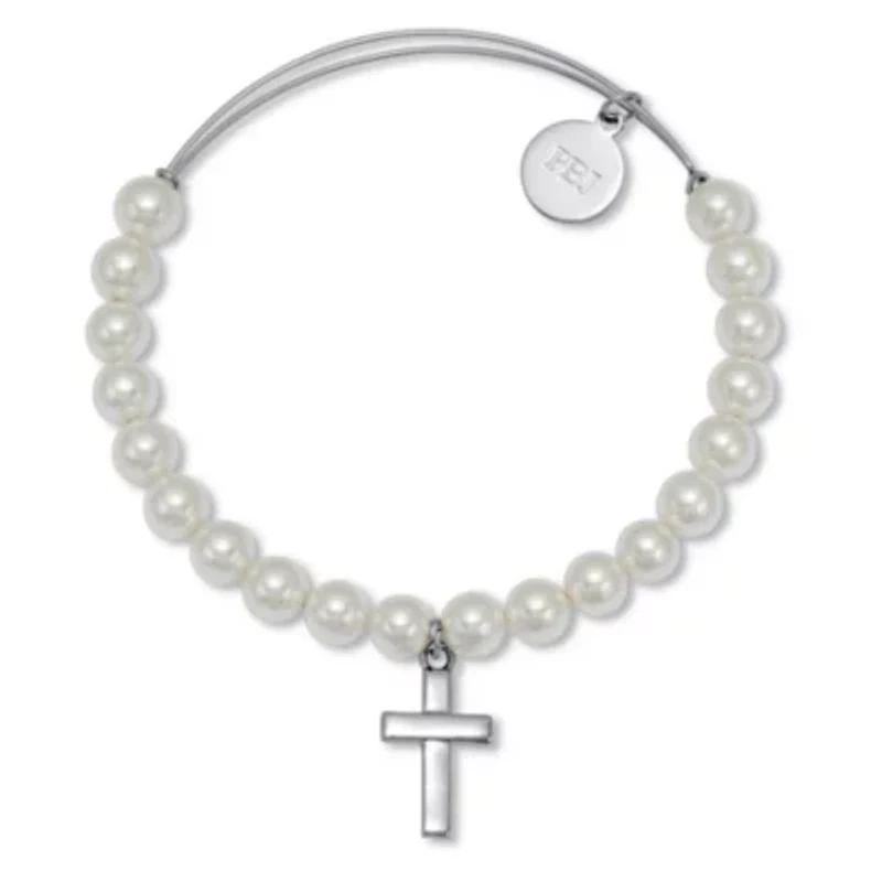Genuine Cultured Freshwater Pearl Silvertone Cross Charm Bangle, 7.5 Inches