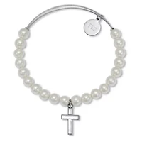 Genuine Cultured Freshwater Pearl Silvertone Cross Charm Bangle, 7.5 Inches