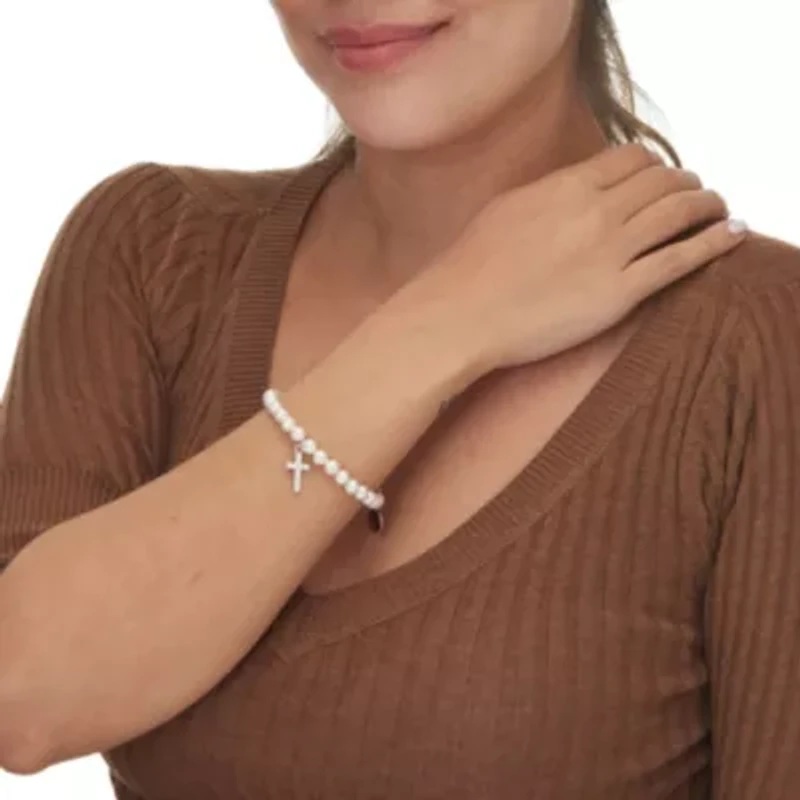 Genuine Cultured Freshwater Pearl Silvertone Cross Charm Bangle, 7.5 Inches