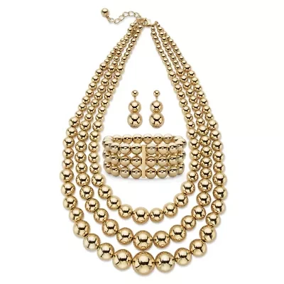 Beaded 3-Piece GoldtoneNecklace, Earring and Stretch Bracelet Set 16.5"-19.5"
