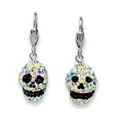 Aurora Borealis and Black Crystal Skull Drop Earrings in Silvertone