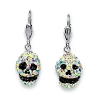 Aurora Borealis and Black Crystal Skull Drop Earrings in Silvertone