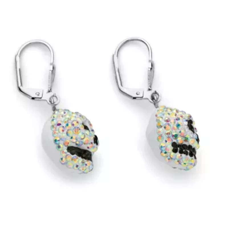 Aurora Borealis and Black Crystal Skull Drop Earrings in Silvertone
