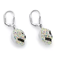 Aurora Borealis and Black Crystal Skull Drop Earrings in Silvertone