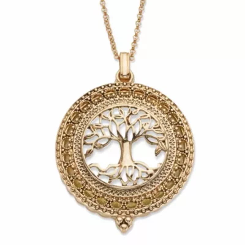 Tree of Life Antiqued Goldtone Magnifying Glass Pendant Necklace 24"