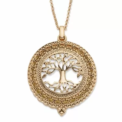 Tree of Life Antiqued Goldtone Magnifying Glass Pendant Necklace 24"