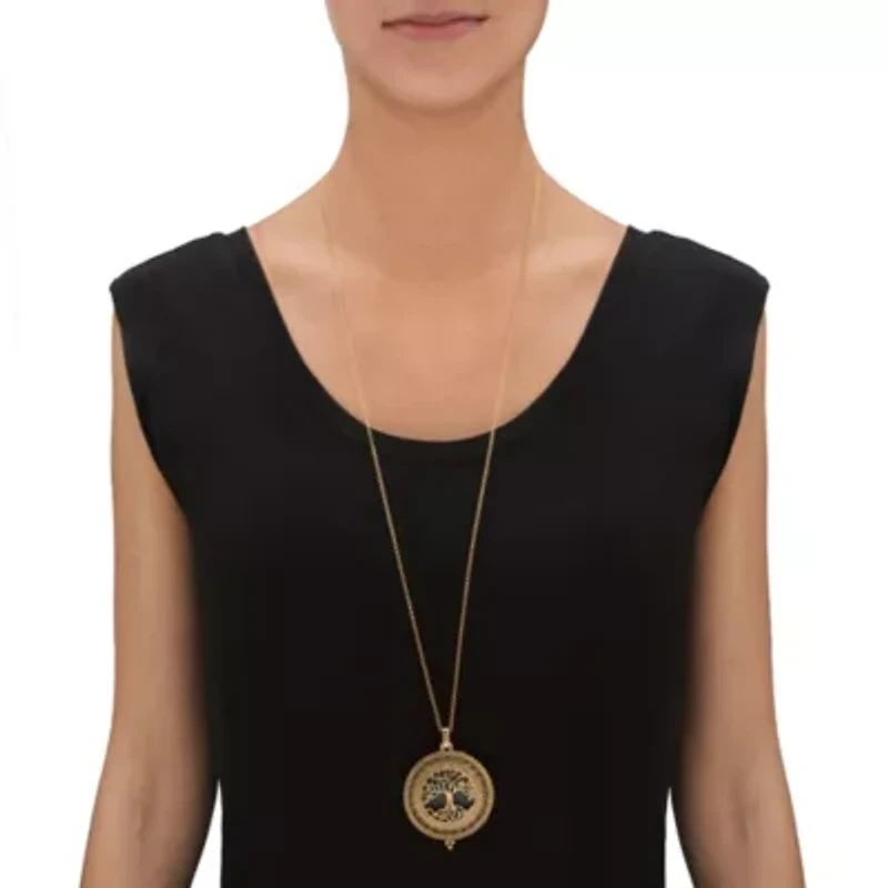 Tree of Life Antiqued Goldtone Magnifying Glass Pendant Necklace 24"