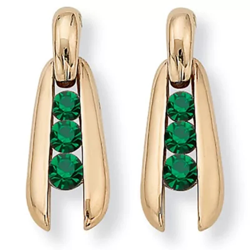 Round-Cut 3-Stone Green Crystal Goldtone Drop Earrings