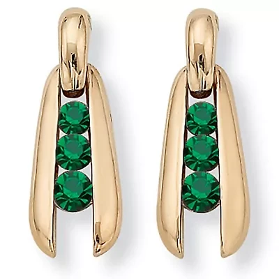 Round-Cut 3-Stone Green Crystal Goldtone Drop Earrings