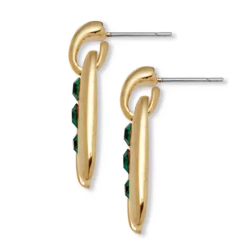 Round-Cut 3-Stone Green Crystal Goldtone Drop Earrings