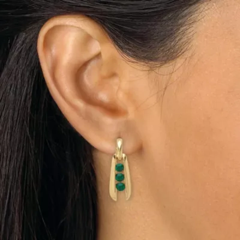 Round-Cut 3-Stone Green Crystal Goldtone Drop Earrings
