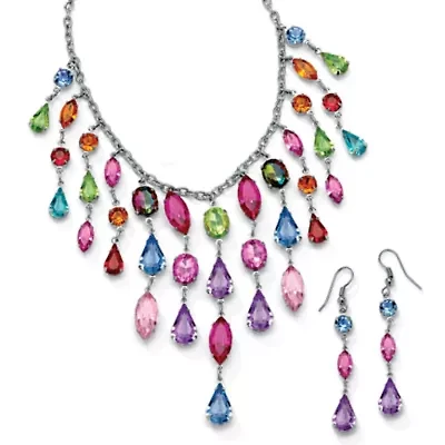 Multicolor Crystal Bib Necklace and Earrings 2-Piece Set in Antiqued Silvertone
