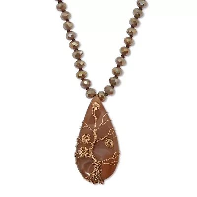 Boho Glass Beaded Goldtone Tree Pendant Necklace 34-inch