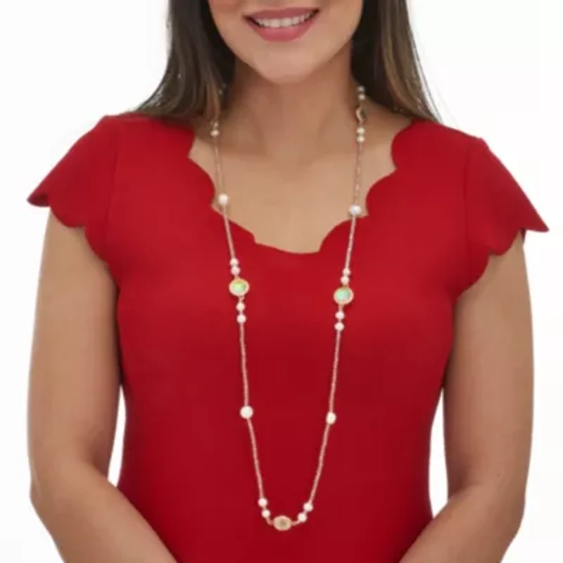 Simulated Opal and Simulated Pearl Goldtone Beaded Necklace 38-inch
