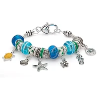 Blue Crystal Silver Tone Antiqued Bali Style Beaded Coastal Charm Bracelet 7"