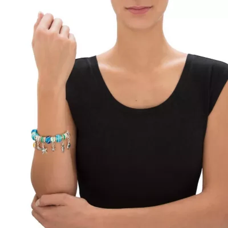 Blue Crystal Silver Tone Antiqued Bali Style Beaded Coastal Charm Bracelet 7"