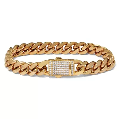Yellow Gold Ion-Plated Stainless Steel Round Crystal Curb Link Bracelet 9.5-inch