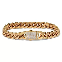 Yellow Gold Ion-Plated Stainless Steel Round Crystal Curb Link Bracelet 9.5-inch